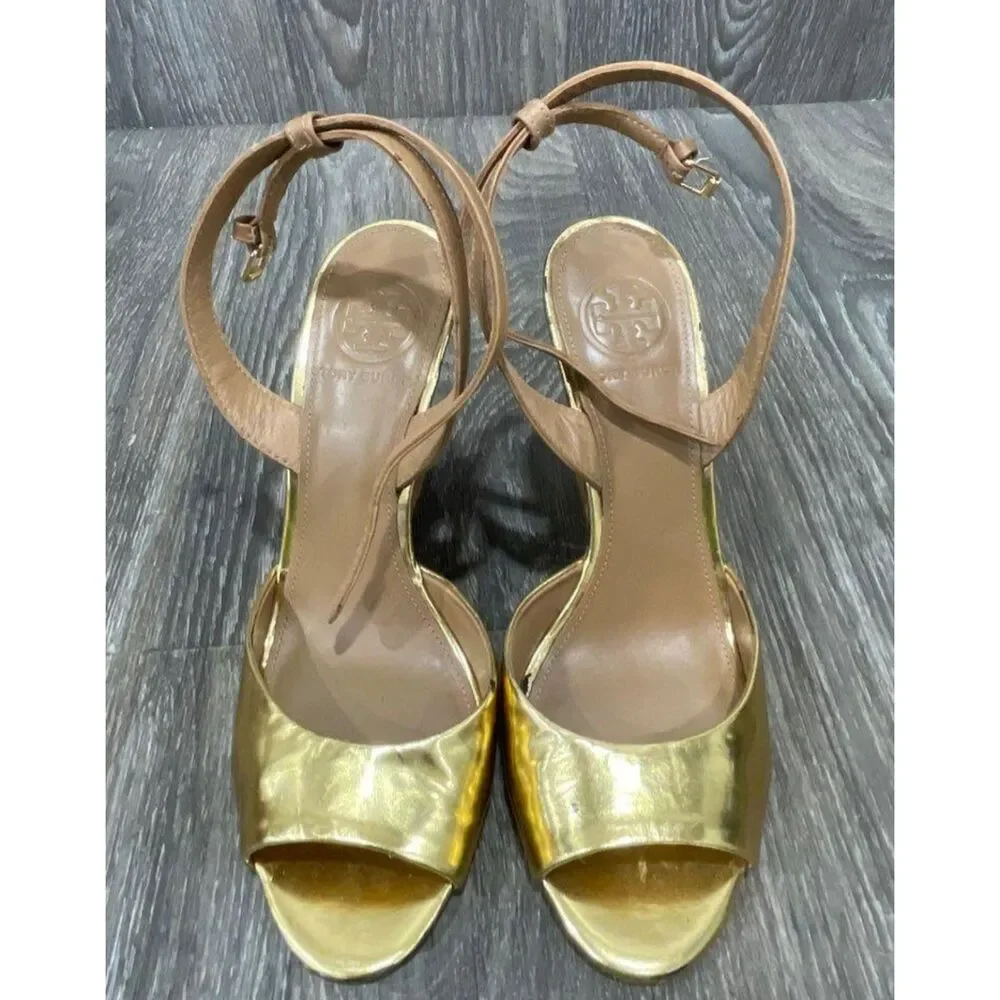 Tory Burch Abena Metallic Gold Leather Cork Wedge Sandals Ankle Strap Heels sz 8
